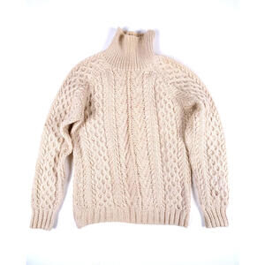 Vintage 90s Aran Cable Knit Wool Turtleneck Sweater Womens Medium Beige Pullover